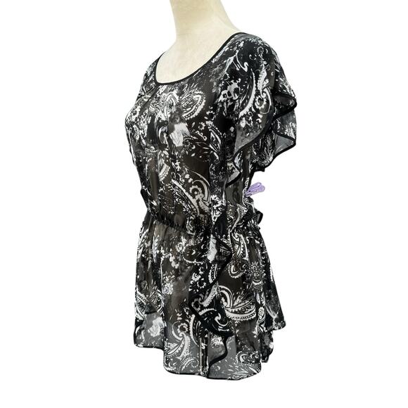 Lane Bryant Black & White Mixed Paisley Print Ruffle Sleeve Sheer Chiffon Blouse - Picture 2 of 11